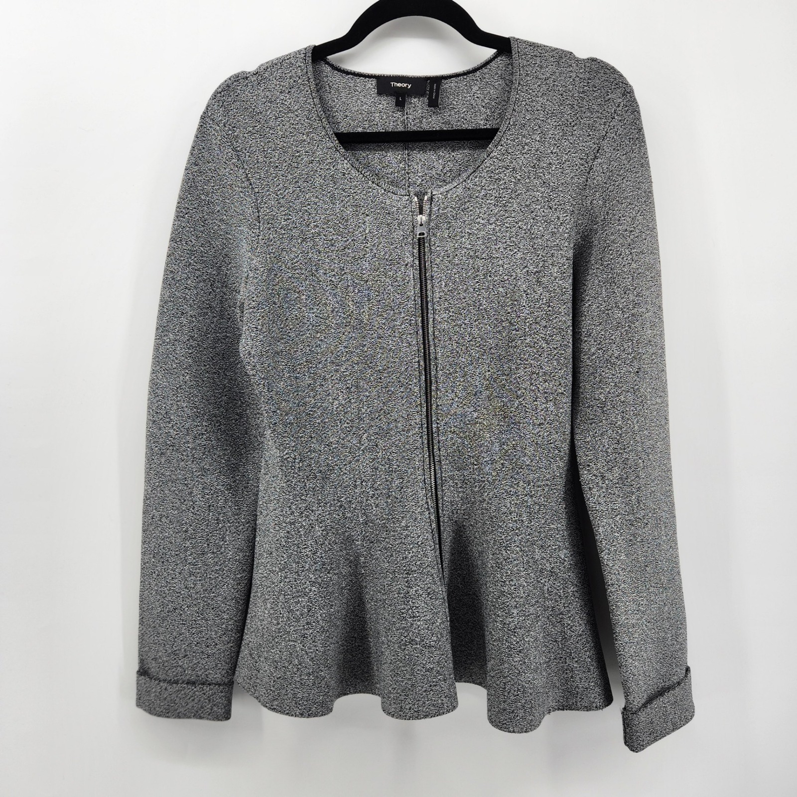 Theory Gray Marl Knit Perlum Peplum Jacket Full Zip Long Sleeve Womens